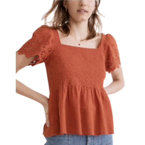 Madewell Tops - Madewell Women's M Eyelet-Sleeve Lucie Smocked Peplum Top Rust Color